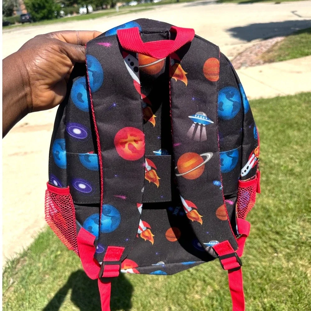 Solar System Space Rockets Planets Little Kids School Bag Backpack Black Red